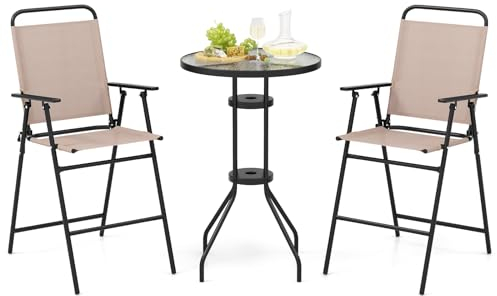 KOMFOTTEU 3-teilige Bistroset, Bistrotisch mit 2 Klappstühlen, Gartentisch mit Schirmloch, Balkonset Sitzgarnitur für den Außenbereich, Beige(ohne Sonnenschirm)