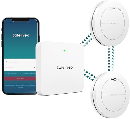 Safeliveo Détecteur de fumée interconnecté WiFi avec Batterie de 10 Ans, Lot de 2 avec Station de Base, certifié TUV Rheinland, Ensemble d'alarme de fumée à contrôle par Application