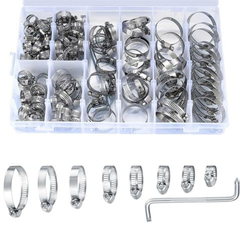 100PCS Hose Clamps Adjustable 8 Sizes(8mm-44mm), Stainless Steel Clips Clamp for Flexible Hose Tube, Pipe Clamp Assorted with Screwdriver for Water, Automobile, Gas Pipe, etc