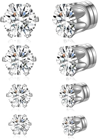 XOXVURI 4 Paia Orecchini Magnetici Uomo Stainless Steel Magnetic Stud Earrings Men Women Girl Clip On Magnet With Diamond Stud Earrings Set With Cubic Zirconia Hoop No Hole