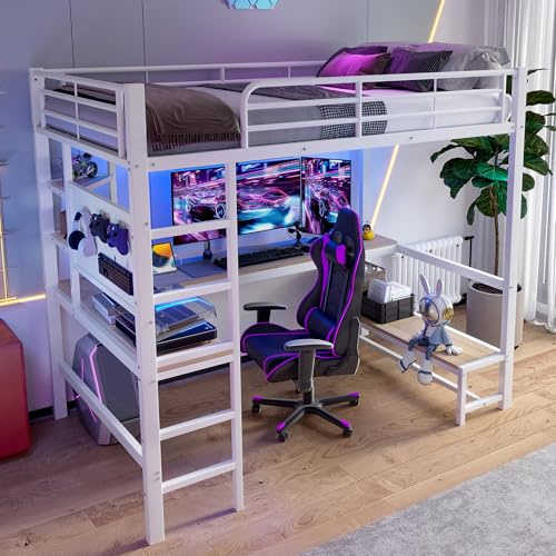 Arhatreya Lit mezzanine, 90 x 200 cm, avec bureau et balustrade, en fer, avec étagères, barre LED, prise USB + type C, pour enfants, adolescents (sans matelas), blanc