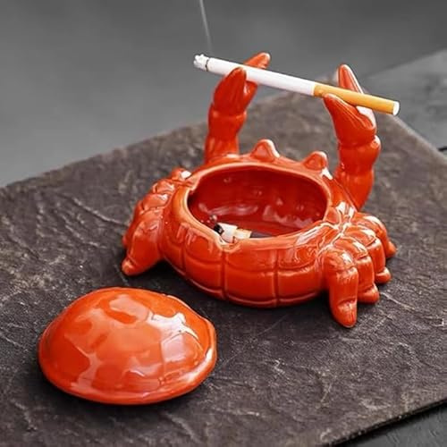 YYFWND Novelty Cool Crab Ashtray with Lid, Ceramic Unique Ash Tary for Cigarette Cigar Pipe, Windproof & Smell Proof for Desk,Living Room,Home Office,Patio,Indoor,Outdoor -Ideal Gift for Men Dad(red)