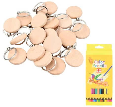 20 Stück Schlüsselanhänger Holz Rohlinge Blanko DIY, Holzanhänger zum Bemalen mit 12 Farbstiften, Personalisierbare Schlüsselringe für Kreativität und Geschenke