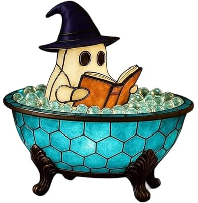 Ghost Bubble Bath Lamp, Cute Halloween Ghost Night Light with Light Base, Handmade Ghosts LED Lamp for Spooky Decor, Ghost-Themed Bathtub Accent Lamp for Halloween Party or Gift (Reading Ghost, Small)