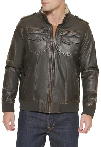Levi's mens Vintage Deer Sherpa Lined Aviator Bomber Faux Leather Jacket, Dark Brown, Large US