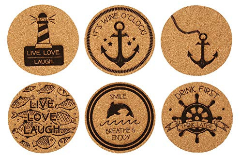 Korkuntersetzer Maritim 6er-Set – Glasuntersetzer aus Naturkork mit Leuchtturm, Fisch, Anker & Seaside-Motiven – Ø 10 cm – rutschfest & pflegeleicht – Made in Germany