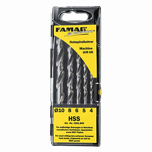 Famag Set di punte elicoidali per legno HSS, 5 pezzi, D = 4 fino a 10 mm, in cassetta