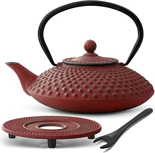 Bredemeijer Teekanne asiatisch Gusseisen Set 1.25 Liter - rote Gusskanne mit Henkel & Edelstahl Tee-Filter Sieb-Einsatz für losen Tee & Untersetzer & Deckelheber