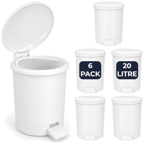 Chabrias 20 Litre Pedal Bin Pack of 6 - White Plastic Kitchen Waste Bin with Removable Inner Buckets, Large Step-On Rubbish Bins for Office, School, Rental Properties, Commercial Use - 20 Litre 6 Pack