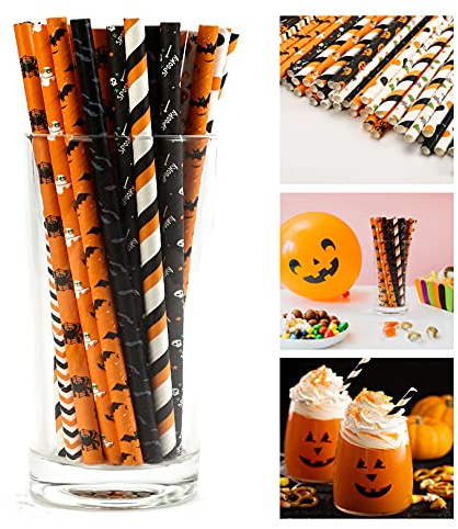50pcs Halloween Paper Straws Party Cup Decorations - Black Orange Drinking Straws in Stripe/Ghost/Pumpkin Design for Party Drinks | Halloween Tableware Cocktail Accessories, Biodegradable (19.7cm)