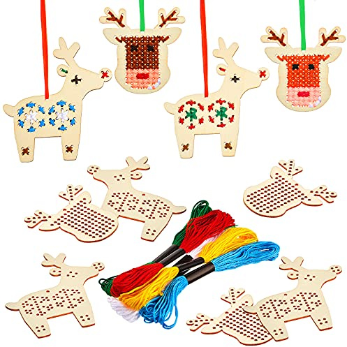 Blulu Set mit 10 Kreuzstich aus Holz für Weihnachten, Kreuzstich mit Rentieren, Ornamente für Weihnachtsbäume aus Holz, Weihnachtsdekoration zum Aufhängen, Weihnachtsdekoration für Weihnachtszubehör