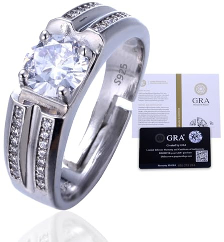 HALUKAKAH Anello da Uomo in Moissanite Argento Sterling 925 con Diamante 1 Carato e Certificato,Gioiello di Lusso 2,0 ct per Fidanzamenti,Misura Regolabile,Voti Senza Tempo,per Compleanno,Matrimonio