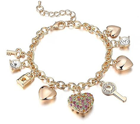 SILANER Gold Chain Link Bracelet - 7+ 2 Extender 14K Gold Plated Love Locked Bracelets for Women, with Crystal, Love Heart,Key, Lock, Charm Bracelet