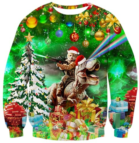 RAISEVERN Ugly Christmas Sweater for Men Women Funny Xmas Tree Cat Sweatshirt Holiday Festive Long Sleeve Winter Ball Dinosaur Top Green