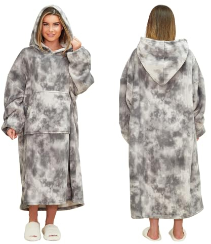 Dreamscene Extra-Long Tie Dye Oversized Hoodie Blanket Sweatshirt Soft Sherpa Fleece Throw Cosy Wearable Hooded Blanket Big Jumper - Charcoal, One Size Fits Most - Adults Teens Men Women