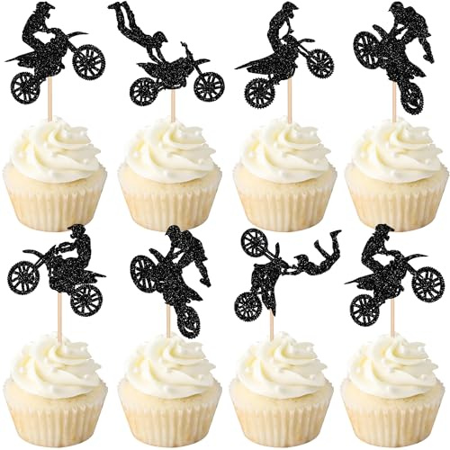 24 PCS Motorcycle Cupcake Toppers Black Glitter Motocross Dirt Bike Party Cupcake Picks for Sports Motocross Theme Man Boy Birthday Party Cake Decorations Supplies