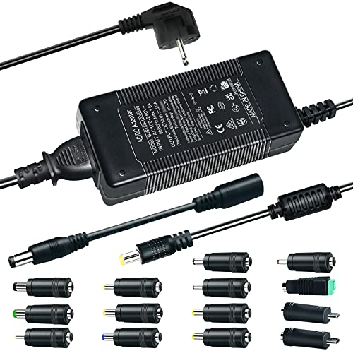 12V 5A Adaptador de Fuente de Poder, AC a DC 3V~12V 5A Adaptador de Fuente de Poder 60W para Tiras de Luz LED, Monitores LCD, TVs - Euro Plug 5.5 * 2.5/2.1mm con 14 Adaptadores de Enchufe DC