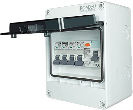 RoadEu - Quadro Elettrico Distributore di corrente - Completo con magnetotermico differenziale 40A 2P - 16A interruttore automatico e 10A C 3+1 in una scatola di distribuzione a parete IP65