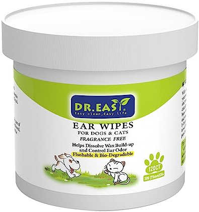 Dr.Easy 120ct Haustier-Ohrenpflegetücher für Hunde und Katzen parfümfrei, hilft Wachsablagerungen aufzulösen,das Geruch die Kompostierbarkeit des Ohrs zu kontrollieren, natürliche Reinigung