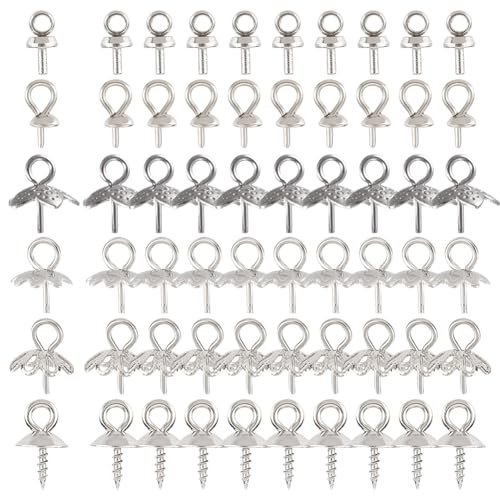 SUNNYCLUE 1 Box 60Pcs 6 Style Eye Pin Bails Cup Pearl Peg bails 304 Stainless Steel Screw Eye Pin Bail Peg Charm Clasps Connector Peg Pin Bails for jewellery Making Accessories DIY Half Drilled Beads