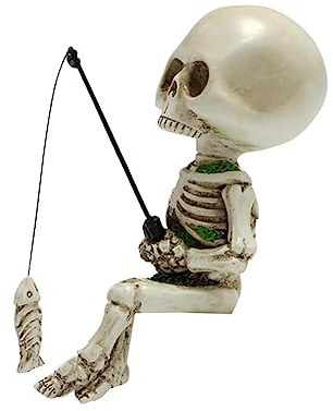 Gralara Fishing Skull Ornament Scenery Doll Decorative Aquarium Decorations Resin Landscape for Fish Tank Bonsai Pond Halloween Crafts