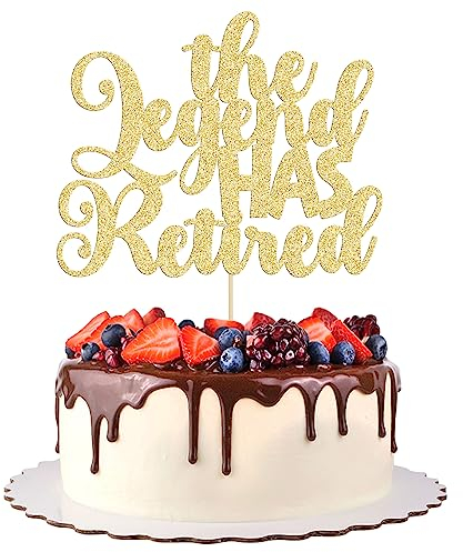 Gyufise 1Pc The Legend Has Retired Cake Topper Glitter We Will Miss You Cake Pick Tension Pension Cake Decorations for Happy Retirement Farewell Theme Party Decoration Supplies Gold