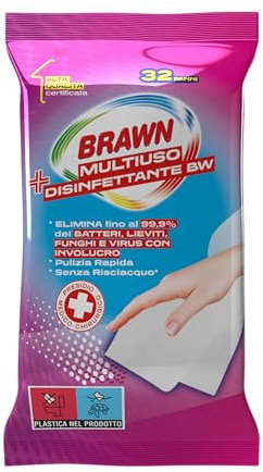 Brawn Multiuso Disinfettante BW, Salviette Disinfettanti Eliminano Fino al 99,9% di Batteri, Lieviti, Funghi e Virus con Involucro, Presidio Medico Chirurgico, Confezione da 32 panni