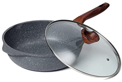 RIOVARM 30cm Sartén honda con tapa, Inducción Antiadherente Sartenes para freír, Granito Sartenes para huevos sin PFOA, Mármol Sartén para Tortilla con mango de baquelita Woodgrain, Apta para Gas