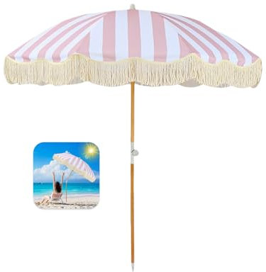 180cm Parasol Plage Avec Frange Parasol Balcon Inclinable Parasol De Jardin Anti Uv Parasol De Marché Avec 8 Baleines Grand Parasol Avec Sac De Transport Pour Balcon Jardin Terrasse Plage ( Color : Pi
