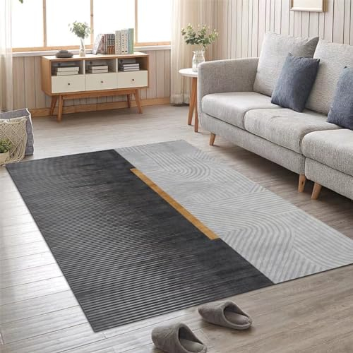 Kunsen 80X140CM Bettumrandung Teppich Abstrakter Stil, modisch und minimalistisch, waschbar, rutschfest, fleckenfest, niedriges Plüschgrau Moderne Teppiche schwarz Flickenteppich Kinderzimmer
