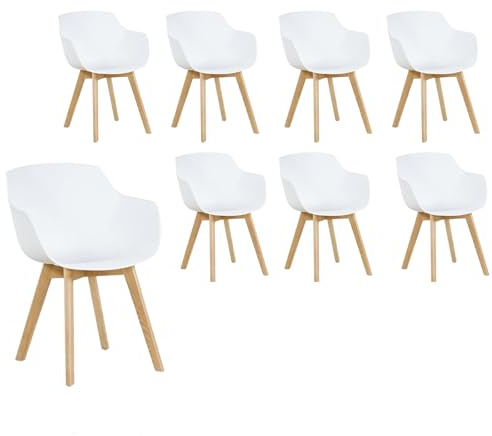 H.J WeDoo 8er Set Nordische Sessel, SGS-geprüft Esszimmerstühle mit Armlehne und Buchenholzbeinen Geeignet für Büro/Lounge/Küche/Balkon/Garten (Weiß)