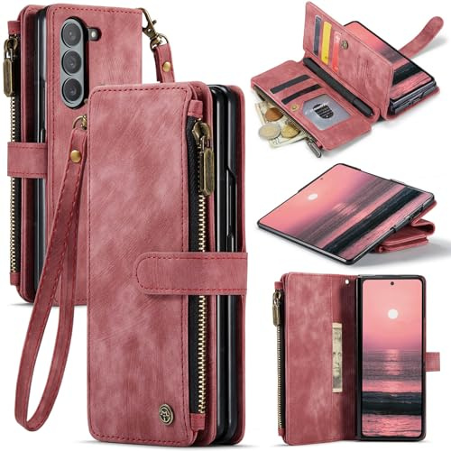 UEEBAI Wallet Case for Samsung Galaxy Z Fold 6 5G, Premium Handmade PU Leather Phone Case Card Slots Magnetic Closure Zipper Pocket Kickstand Flip Case with Hand Strap - Red