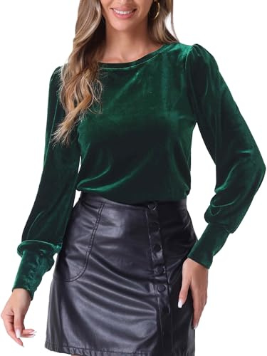 Allegra K Camicetta Invernale in Velluto da Donna Pullover Casual a Maniche Lunghe Bluse Maniche Sbuffo Camicette Girocollo Verde Scuro L