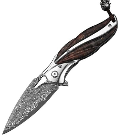 LMTYJZRY Damast Taschenmesser, klappmesser einhandmesser Scharfes Taschenmesser Einhandmesser Hochwertiges Klappmesser, Outdoor Klappmesser Natürlicher Holzgriff Griff Mit Schöner Lederscheide