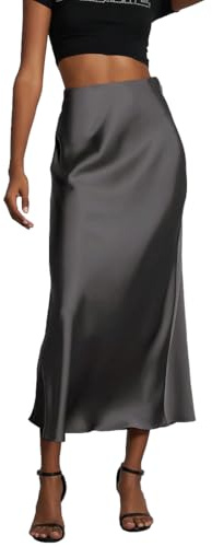 OLIPHEE Jupe Longue Femme Jupe Satin Taille Haute Elastique Robe Femme Robe Satin Ligne A Couleur Unie Casual Chic Élégante Soirée