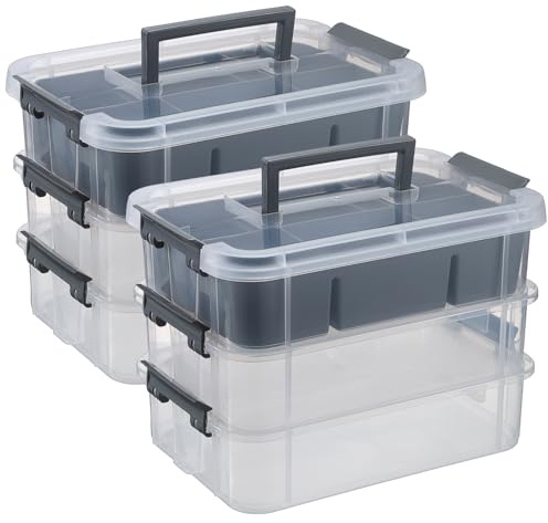 JUXYES 3-Tiers Plastic Stack Carry Storage Containers Box wih Handle Lids