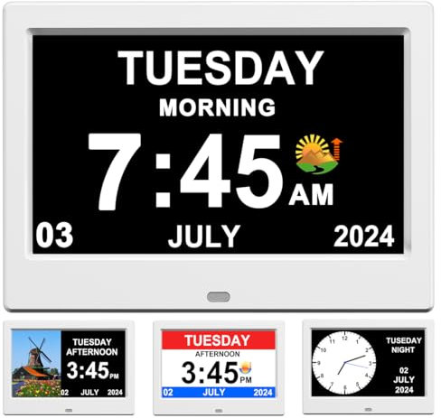 TIMEMOON (NO power adpater) Alarm Clock with Day and Date for Elderly 7inch Digital Calendar Photo Frame- Auto Dimmable Display 15 Alarm Options with Non-Abbreviated Day & Month