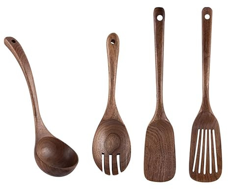 UPTALY Lot de 4 ustensiles de cuisine en bois (B1), cuillères en noyer noir naturel, louche épaisse, spatule ajourée en bois, cuillère à mélanger extra longue, grattoir