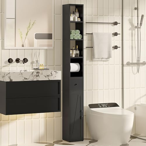VECELO Bathroom Tall Cabinet, Freestanding Slim Storage Cupboard with Adjustable Shelves and Toilet Paper Scroll, Narrow Organizer Unit for Bedroom Living Room Hallway
