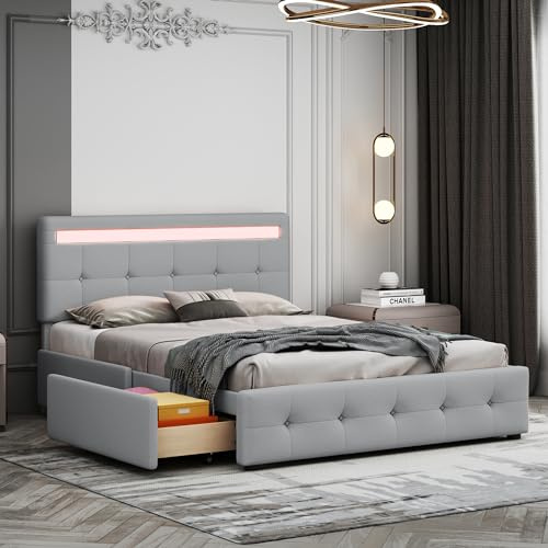 Polsterbett 140 x 200 cm mit LED, Lattenrost & Bettkasten auf Rollen, Einzelbett mit Kopfteil & 4 Schubladen, hautfreudliches Leinen-Oberfläche Kinderbett Jugendbett Gästebett, grau (ohne Matratze)