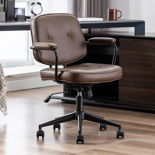Ya-Home Silla Oficina de Cuero Moderna Silla Escritorio Giratoria,Silla Computadora con Reposabrazos Silla de Trabajo Regulable para Despacho/Estudio,Marrón