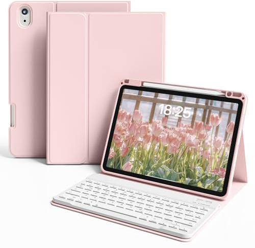 ZKTUYU Custodia con tastiera per iPad Air 11 pollici (2025 M3/2024 M2), iPad Air 5./4a gen(2022/2020) 10.9 pollici, layout tedesco QWERTZ magnetico, tastiera Bluetooth rimovibile con portapenne, rosa