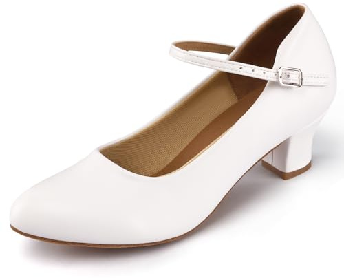Linodes Economy PU Leather Ankle Strap Character Shoe 2'' Ballroom Dance Shoes for Women-White-8.5M