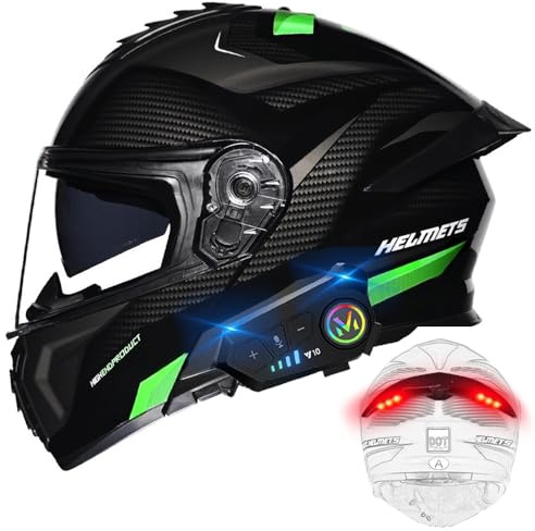 BYGMWEP Bluetooth Modular Motorbike Helmet with Tail Lights, ECE Approved Flip Up Full Face Motorcycle Helmet, with Double Visor Built-in Speaker and Microphone, for Adults Men and Women