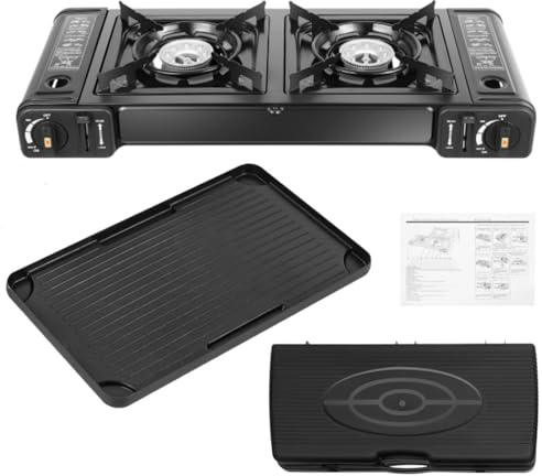 Réchaud à gaz de camping - 2 feux - Portable - 2 feux - 1,15 kW - Réchaud de camping 2 en 1 - Barbecue de camping - Avec bol amovible et mallette de rangement et 2 supports de casseroles