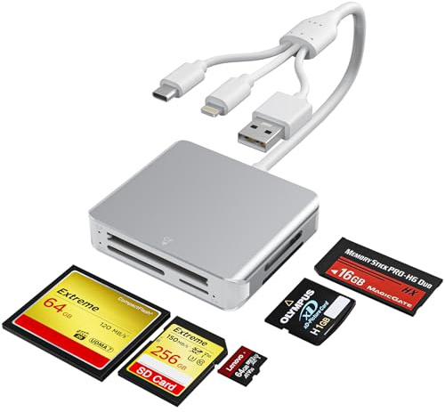 Memory Stick Pro Duo Adapter - 5 in 1 Aluminum Multi Memory Card Reader with Triple Lightning/USB-C/USB 3.0 Connectors for SD/Micro SD/MS/XD/CF, Sony Memory Stick Pro Duo Adapter for iPhone/Android/PC