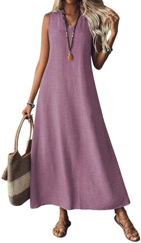 shownicer Vestito Donna Casual Senza Maniche Scollo a V Abiti Estivo Maxi Vestiti Tinta Unita Abito A Line Vestito