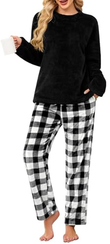 UMIPUBO Pigiama Donna Invernale Pile Due Pezzi Caldo Pigiami da Casa Felpato Set con Tasche Elegante Manica Lunga e Pantalone Lungo Indumenti da Notte Loungewear Natale Regalo Regali
