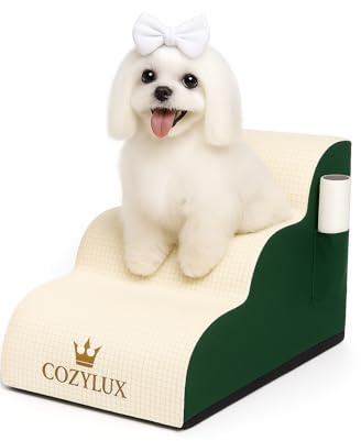 CozyLux Pet Stairs for Small Dogs and Cats – 3-Step Dog Ramp for Bed & Couch, Non-Slip Washable Cover, Portable Puppy Steps for Furniture