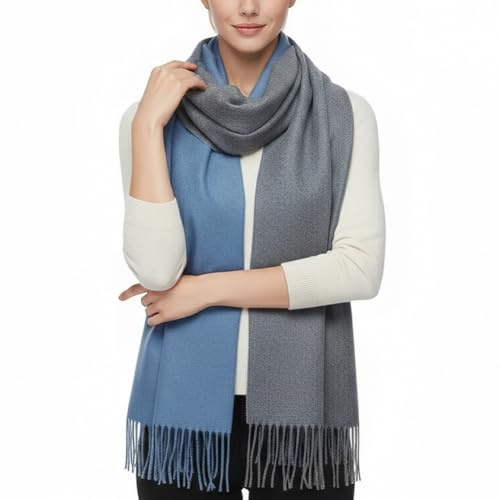 PFLife Wollschal Damen 200×70 cm Kaschmir Gefühl Warm Weich Oversize Wendbar Mit Fransen Geschenkbox (Blau)